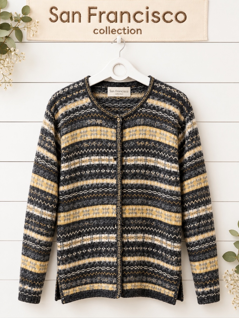 SAN FRANCISCO COLLECTION Vintage Striped Cardigan – Gray & Yellow – M